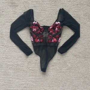 Bodysuit Corset Sequin Party Lingerie Coquette Formal Bralette Club Prom